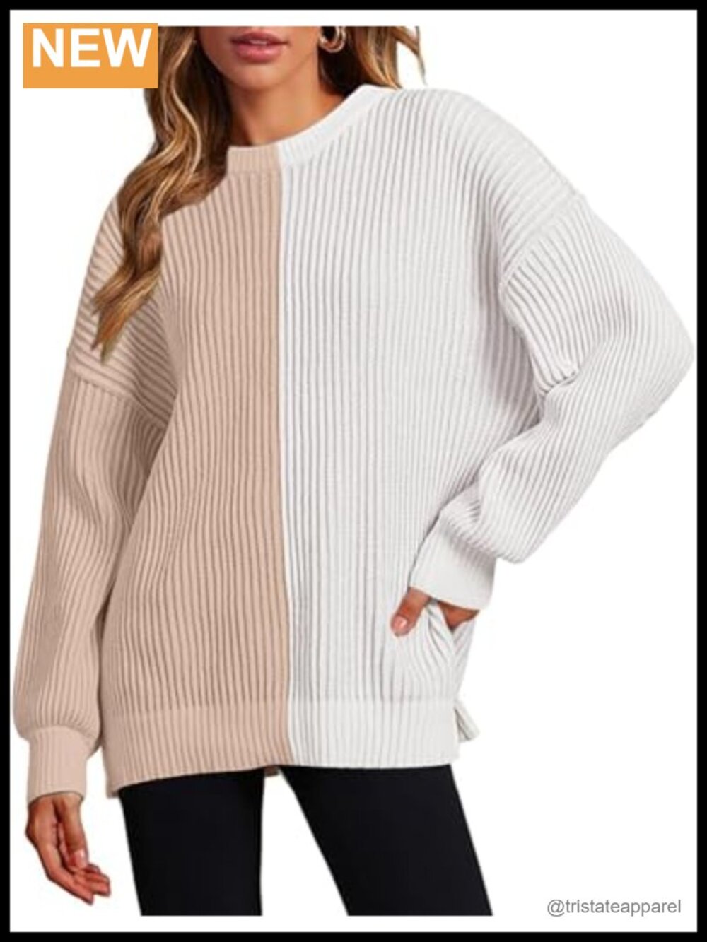 Oversized Color Block Knit Pullover Sweater Women Long Sleeve Crew Neck Fall